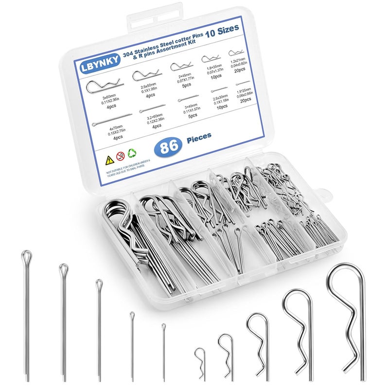 LBYNKY 86 PCS Cotter Pin Assortment Kit, 10 Sizes Stainless Steel Cotter Pins & R Clips, Heavy Duty Pin Clips, Lock Pins for Hitch Pin Lock Systems, Lawn Mowers, Tractor - Image 1
